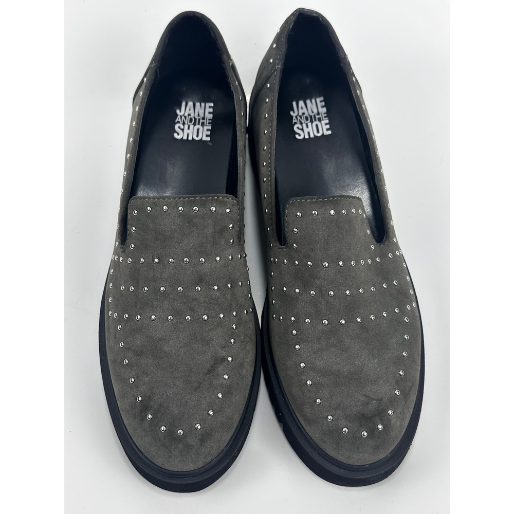 Jane and the Shoe Elena Loafers Womens 7.5 Grey StuddedChunky Lug Sole Edgy Slip